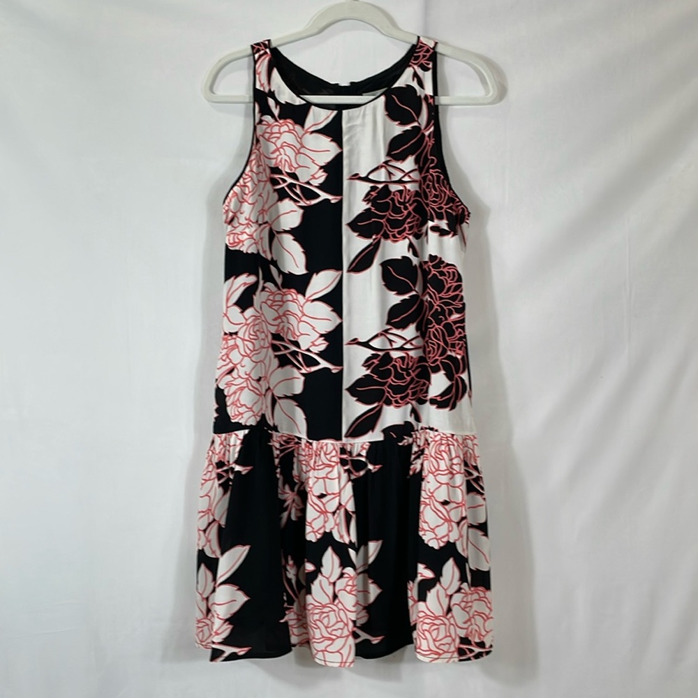 Maeve Anthropologie Dress Size 12 Black Cream Coral Floral A-line Ruffle Hem EUC